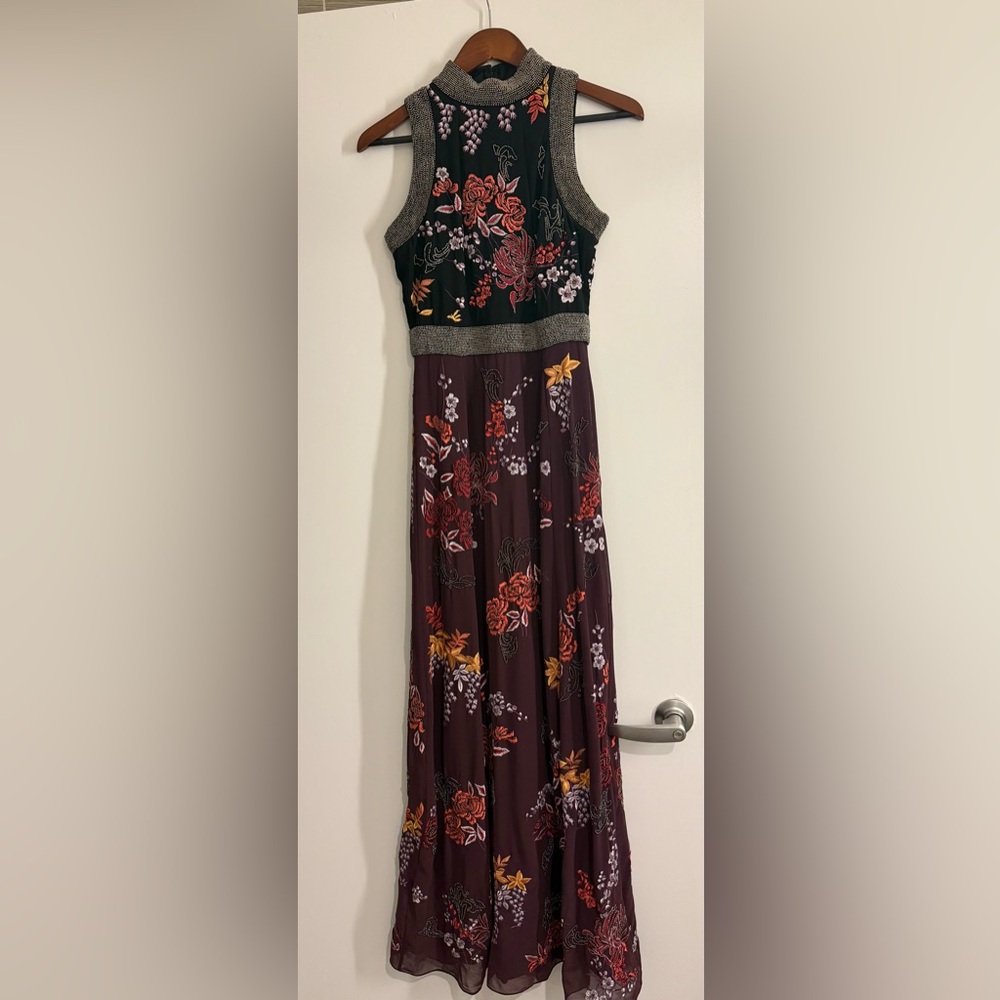 Karen Millen long beaded cocktail dress, black and cordovan